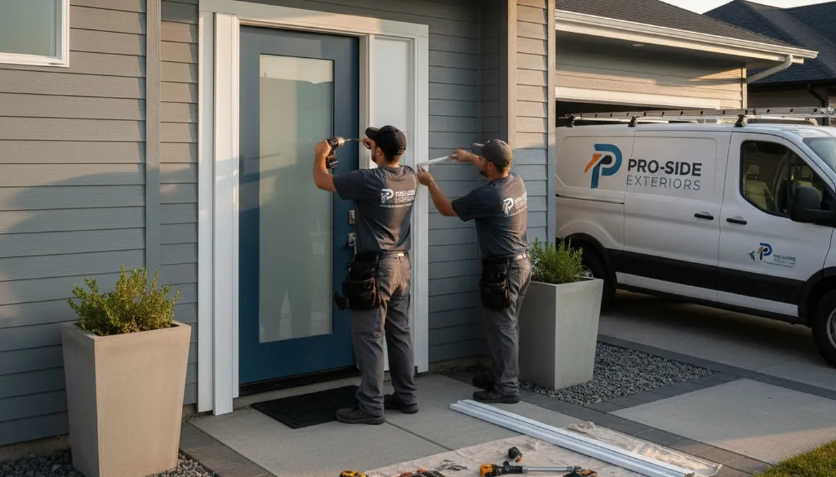 Vinyl siding and door repair experts working on Raleigh NC home exterior installation