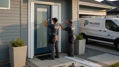 Vinyl siding and door repair experts working on Raleigh NC home exterior installation