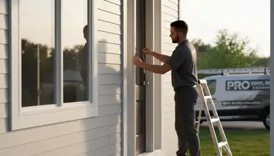 Technician repairing vinyl door frame on Raleigh NC home exterior by Next Level Exteriors