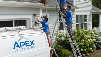 Technician cleaning home gutters with ladder in Raleigh, NC for vinyl-siding maintenance service