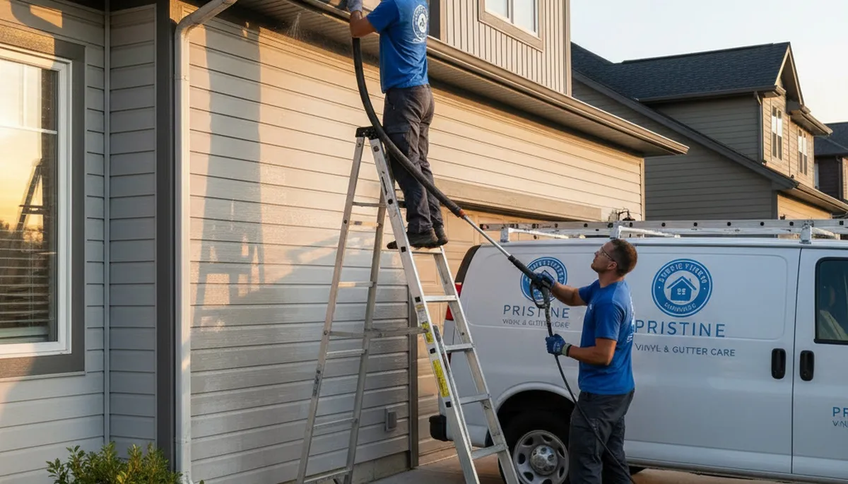 Technician cleaning residential gutters in Raleigh, NC for Next Level Exteriors vinyl siding service