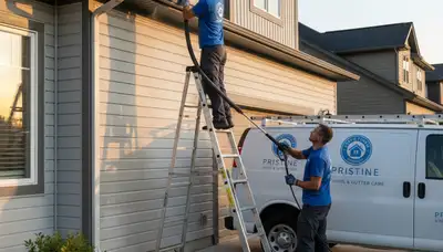 Technician cleaning residential gutters in Raleigh, NC for Next Level Exteriors vinyl siding service