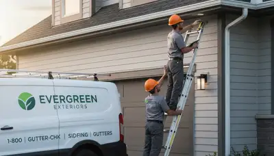 Technician performing gutter inspection on vinyl siding home in Raleigh, NC