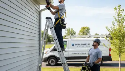 Technician performing gutter repair on vinyl siding home in Raleigh, NC