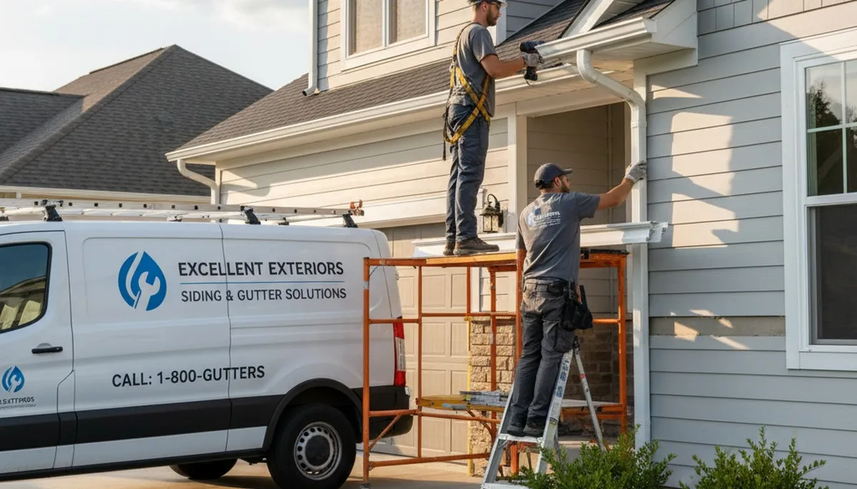 Technician performing gutter repair on Raleigh NC home with vinyl siding exterior