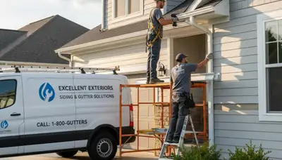 Technician performing gutter repair on Raleigh NC home with vinyl siding exterior