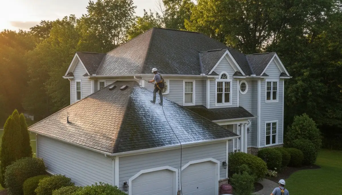 Professional roof cleaning service removing moss and debris in Raleigh, NC
