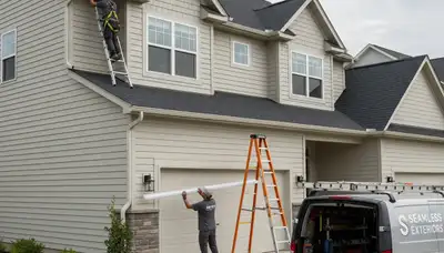 Seamless gutter installation on Raleigh NC home exterior by Next Level Exteriors vinyl siding experts