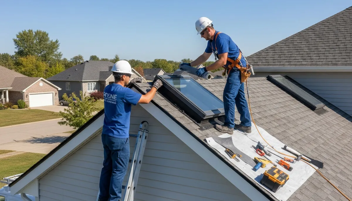 Technician repairing skylight on vinyl-sided home in Raleigh NC for Next Level Exteriors service page