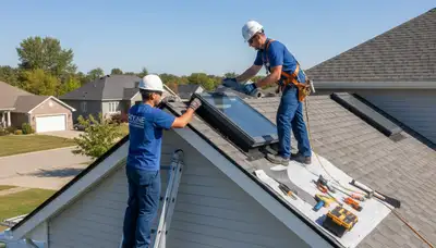 Technician repairing skylight on vinyl-sided home in Raleigh NC for Next Level Exteriors service page