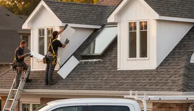 Technician repairing skylight on vinyl-sided roof in Raleigh NC by Next Level Exteriors