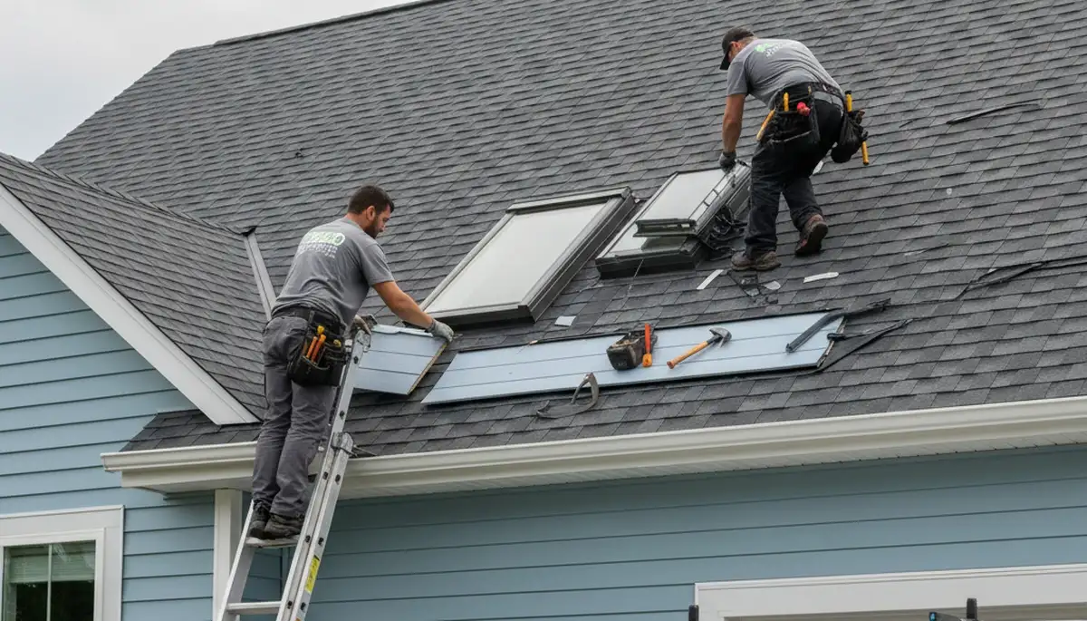 Technician repairing skylight on vinyl-sided home in Raleigh NC by Next Level Exteriors