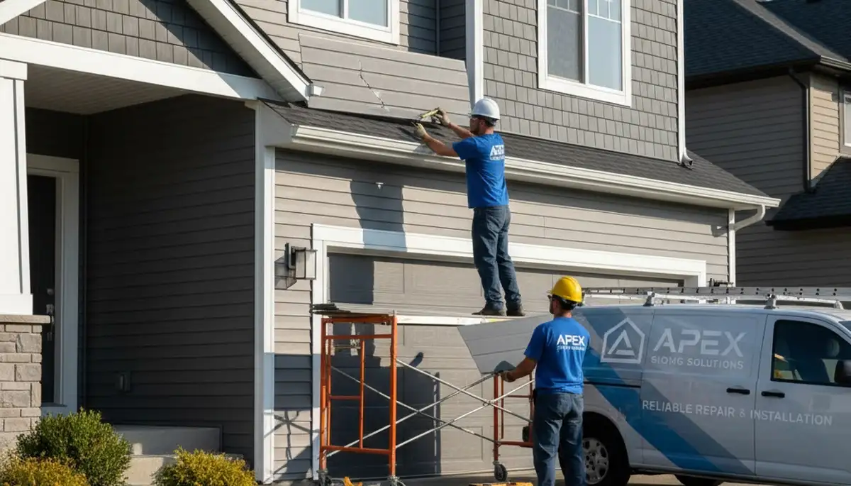 Technician repairing cracked vinyl siding on Raleigh NC home exterior