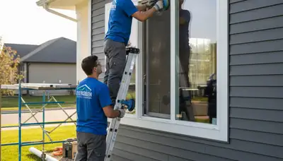 Technician repairing residential window frame and seal damage in Raleigh, NC by Next Level Exteriors